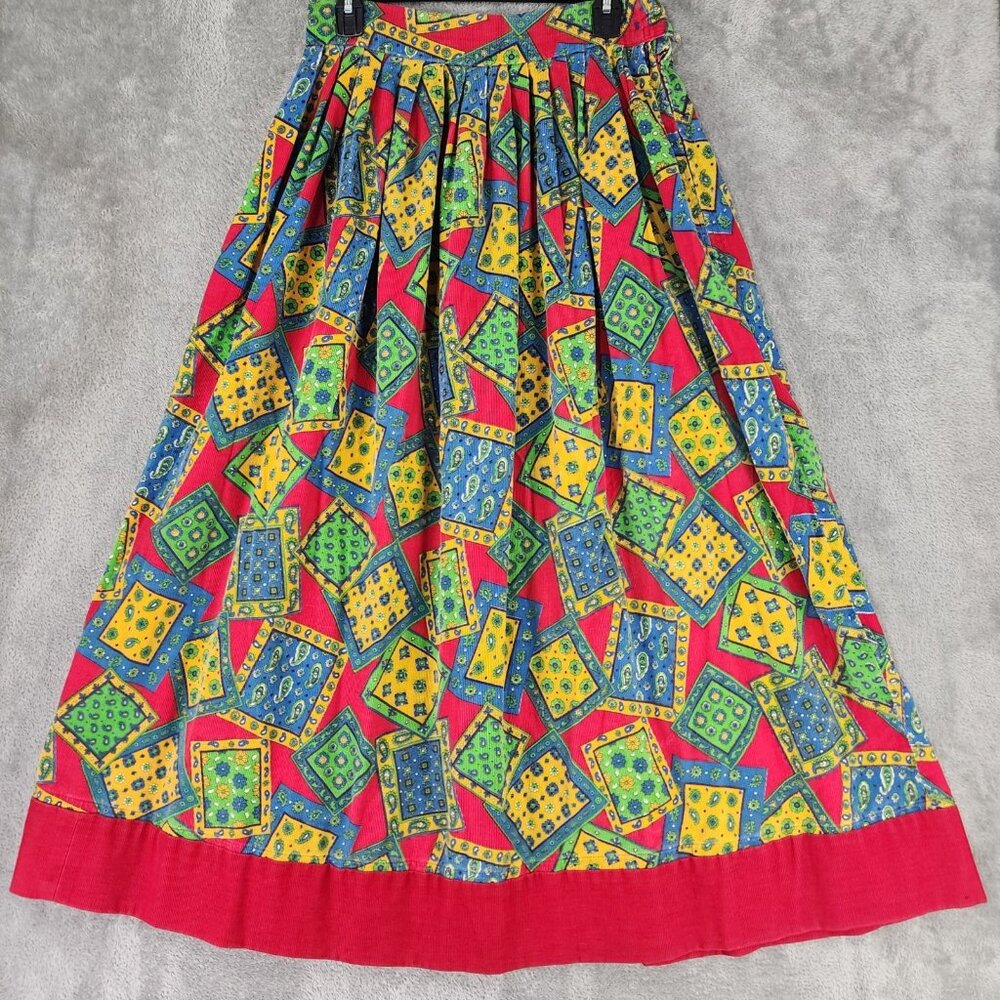 Womens Skirt Medium Multicolor Paisley Corduroy Pleated‎ Western Vintage Maxi